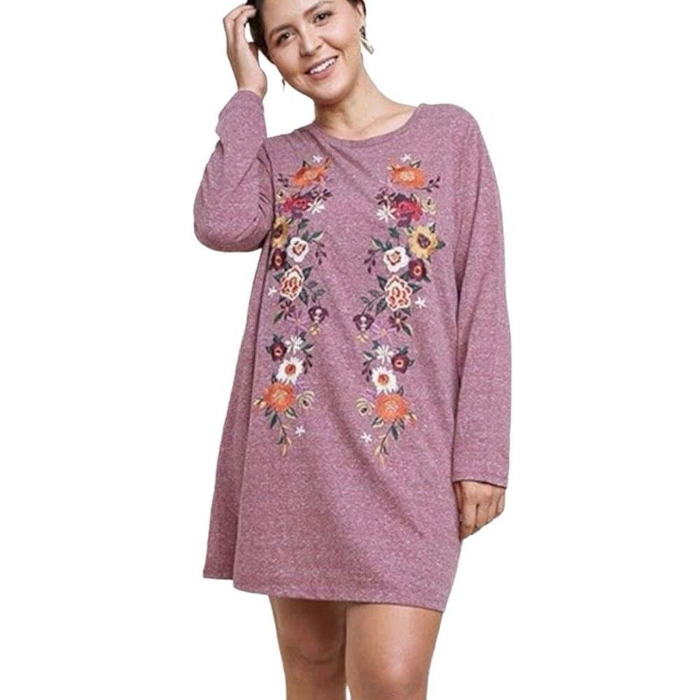 Umgee‎ Floral Embroidered Heathered Knit Dress Medium Mauve Pink